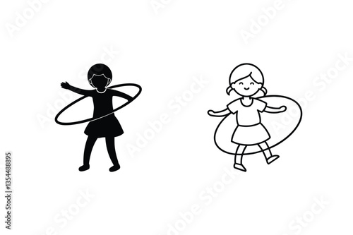 Girl Playing with Hula Hoop Silhouette and Line Art