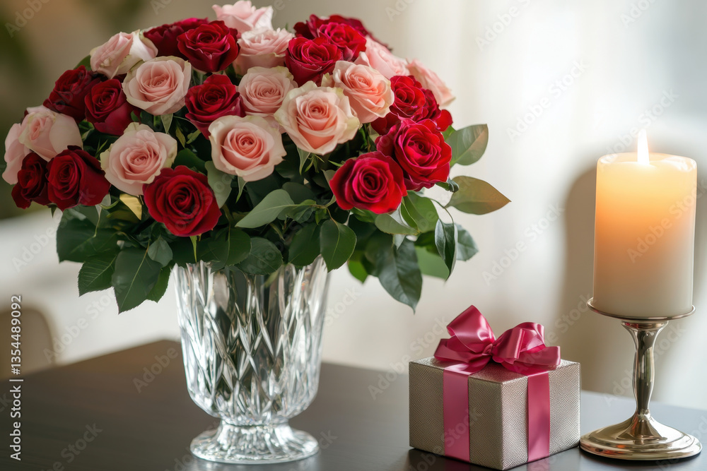 Obraz premium Luxurious bouquet of red and pink roses in a crystal vase, elegantly displayed on a table with a glowing candle and a wrapped gift box. Concept of romance, elegance, and special celebrations.