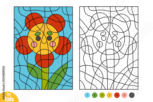 Color by number, education game for kids. Cute character, happy flower