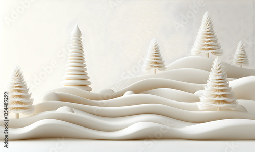 Serene minimalist winter scene white abstract hills, stylized trees, and a stacked stone Christmas tree. Perfect for holiday cards, websites, or blogs.