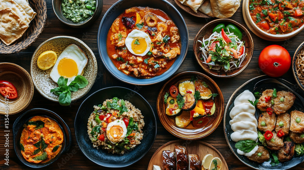 An overhead shot of a variety of international foods arranged on a dark wooden surface for a buffet An overhead shot of a variety of international foods arranged on a dark wooden surface for a buffet