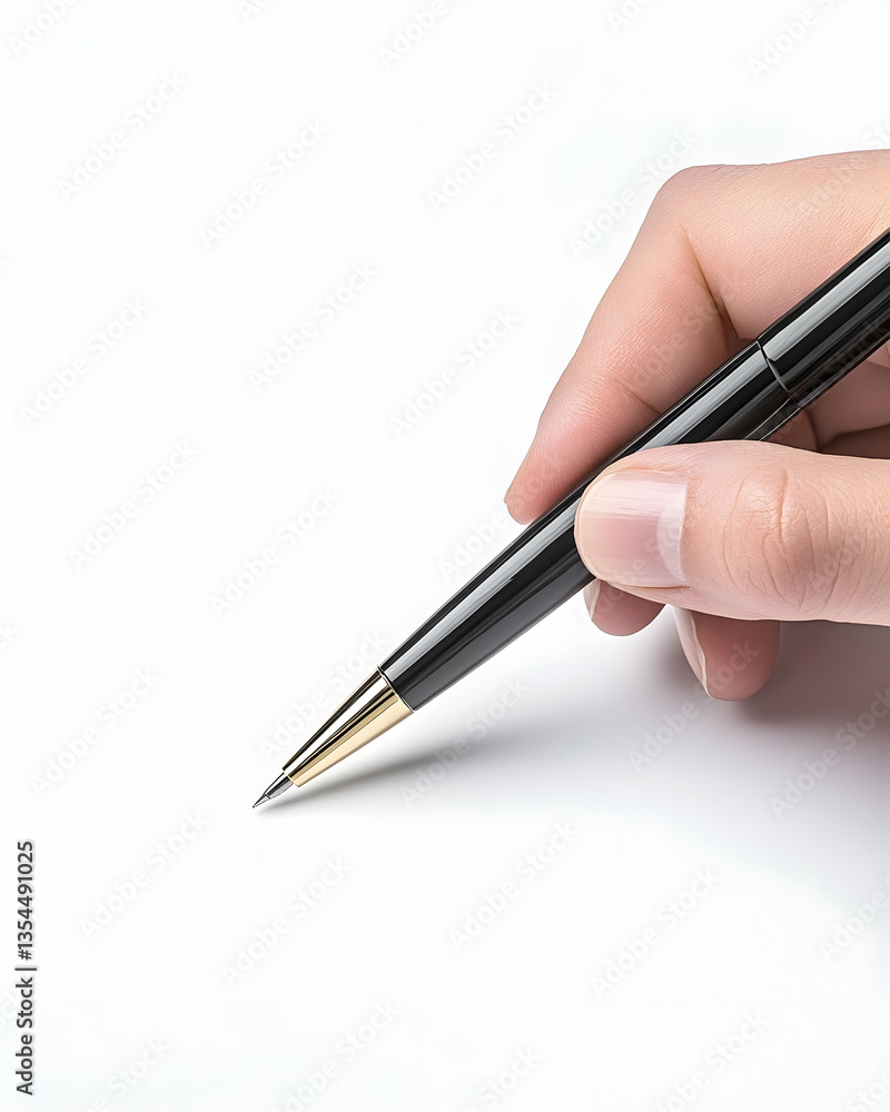 Hand holding black pen writing on white paper Hand holding black pen writing on white paper