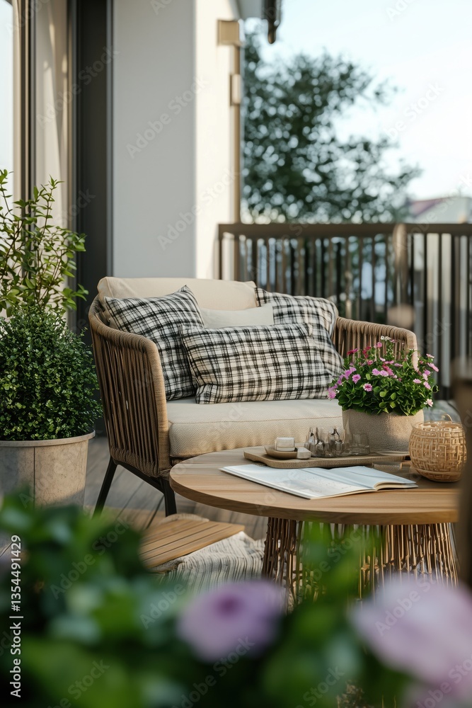 Fototapeta premium Cozy terrace with big table, garden chair, plaid, plants in flowerpots