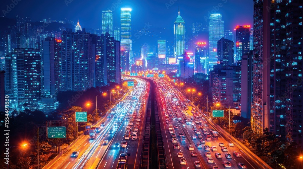 Fototapeta premium Night City Highway Traffic Lights