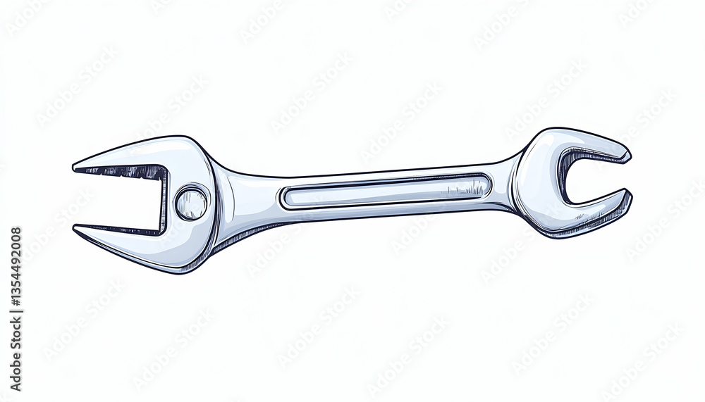 Hand-drawn illustration of a silver adjustable wrench, isolated on white Hand-drawn illustration of a silver adjustable wrench, isolated on white