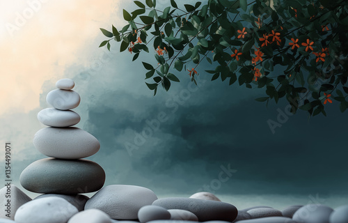 Serene scene with smooth zen stones rocks stacked on top of each other and a textured background with copy space symbolizing stability and balance in life, Wellness background template, AI generated
