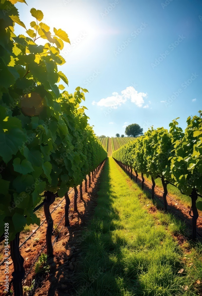 Fototapeta premium Sun-drenched vineyard rows, lush green vines under a bright sky, beautiful, vineyard rows