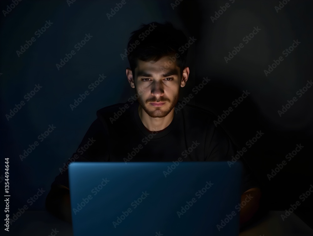 Serious man working late on laptop computer Serious man working late on laptop computer