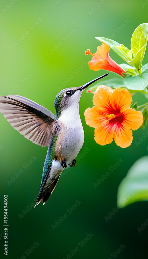 Fototapeta premium Hummingbird in flight, feeding from an orange flower