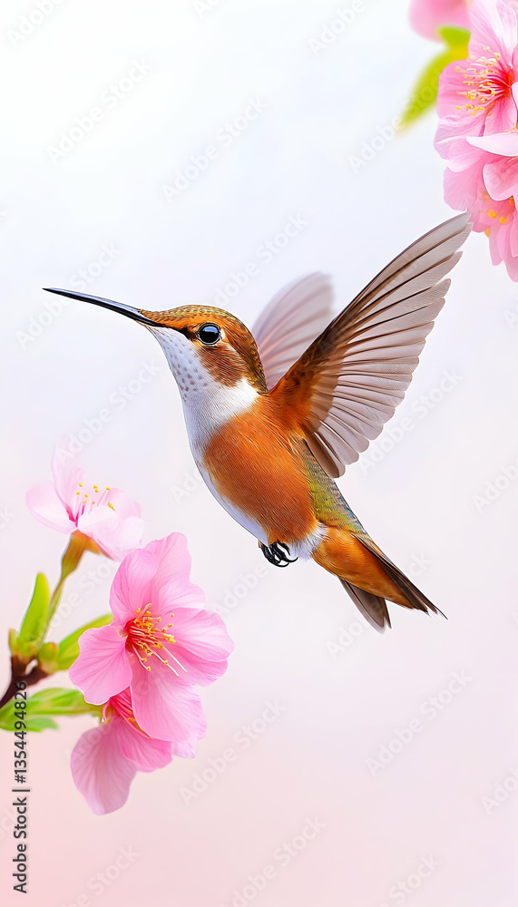Fototapeta premium Hummingbird in flight near pink blossoms