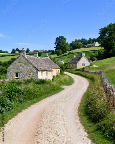 Idyllic stone cottages line a winding country lane on a sunny day