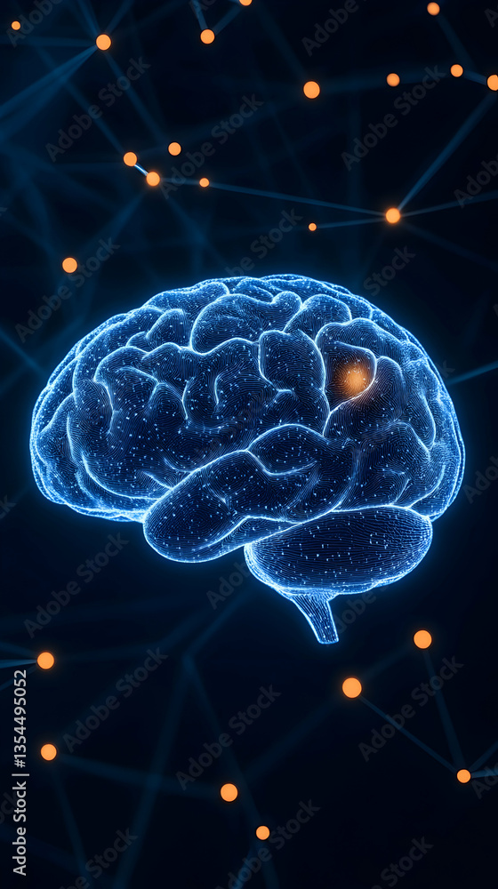 Fototapeta premium Illuminated 3D brain model with highlighted area, networked