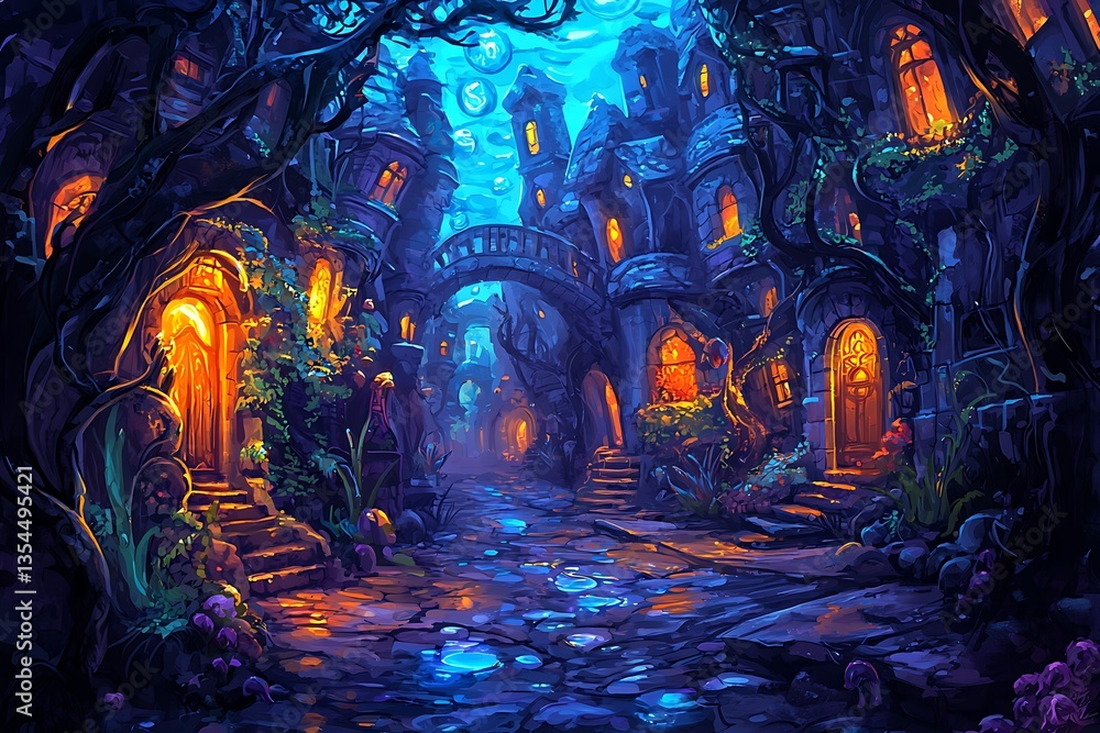 Obraz premium Enchanting Night Scene A Mystical Cobblestone Street in a Fantasy Town.
