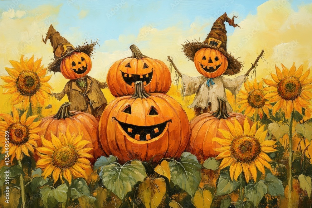 Smiling pumpkin patch scarecrows sunflowers autumn harvest Smiling pumpkin patch scarecrows sunflowers autumn harvest