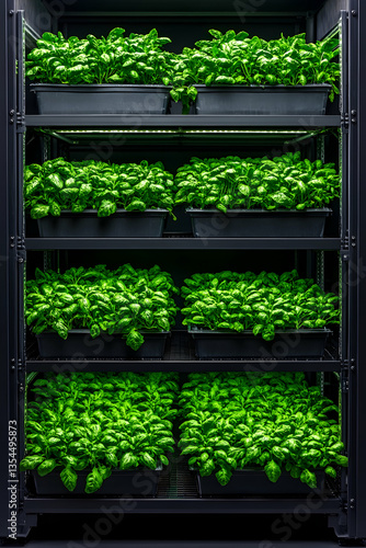 Indoor vertical farm with lush green basil plants in individual containers on metal shelves under artificial grow lights