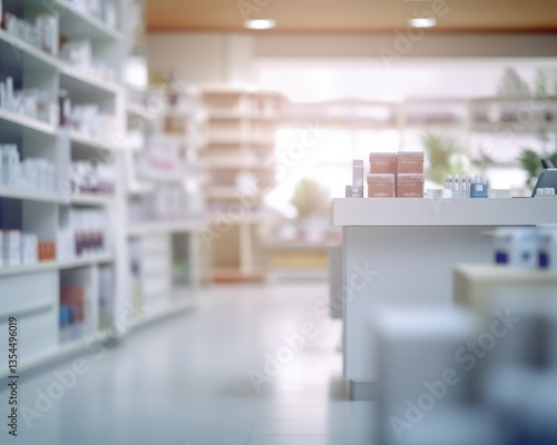 Blurred Pharmacy Interior Shelves, Counter & Medicines in Background