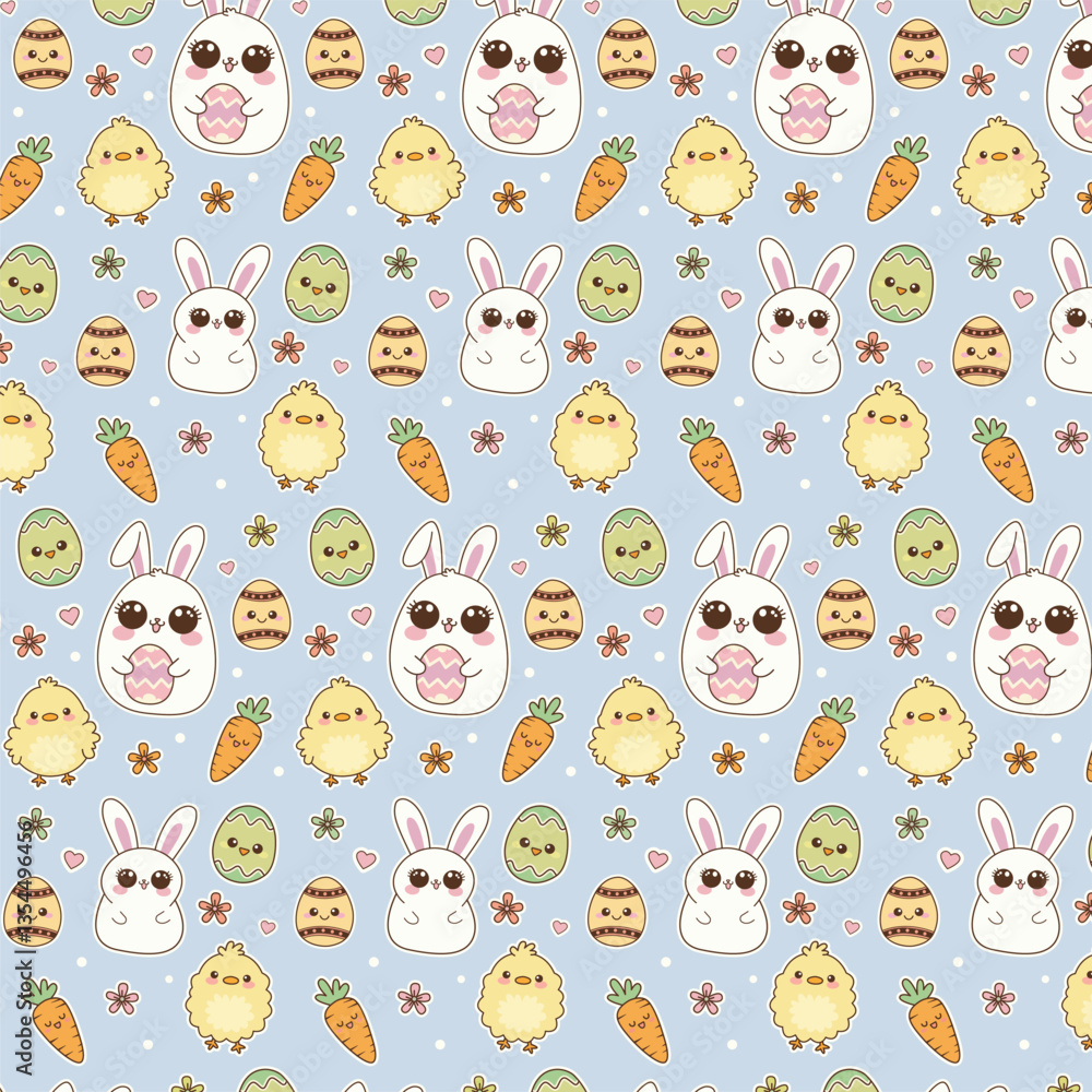 Fototapeta premium A seamless, repeating pattern featuring cute, cartoon-style Easter-themed elements