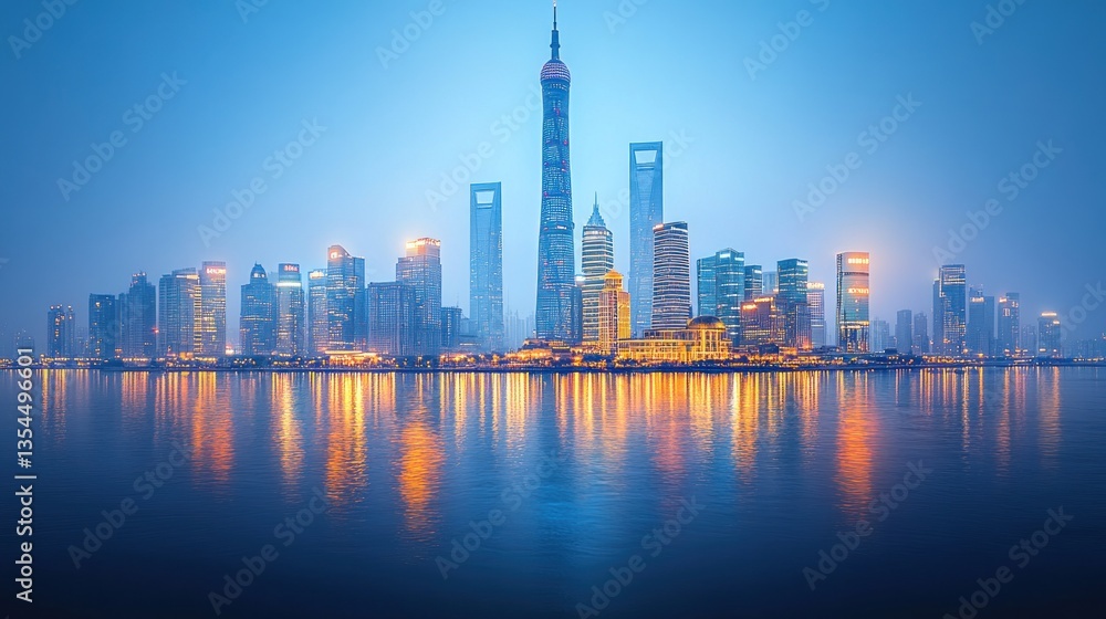 Fototapeta premium Skyline at Dusk: A Breathtaking Panorama of Modern Architecture and City Lights