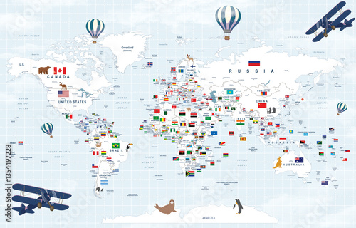 Fototapeta Naklejka Na Ścianę i Meble -  World map with country flags, educational geography poster, travel-themed wall art, kids room decor, global nations, illustrated, colorful, informative