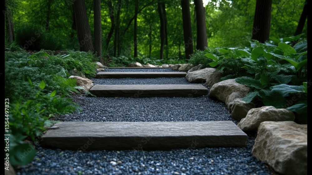 Rustic stone steps through a lush woodland garden Rustic stone steps through a lush woodland garden