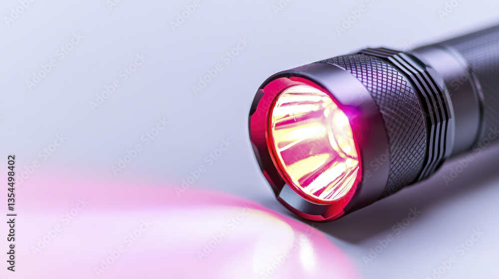 close up of black flashlight emitting bright red light, showcasing its design and functionality close up of black flashlight emitting bright red light, showcasing its design and functionality