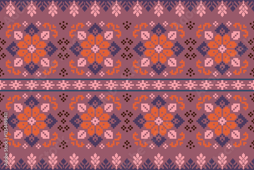 Obraz na płótnie Geometric floral pattern traditional,geometric pattern on color pallet background,vector illustration,geometric ethnic embroidery,abstract background.design for texture,fabric,clothing,decoration w salonie