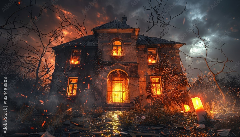 Fototapeta premium Burning House Amidst Forest Under a Dramatic Sky