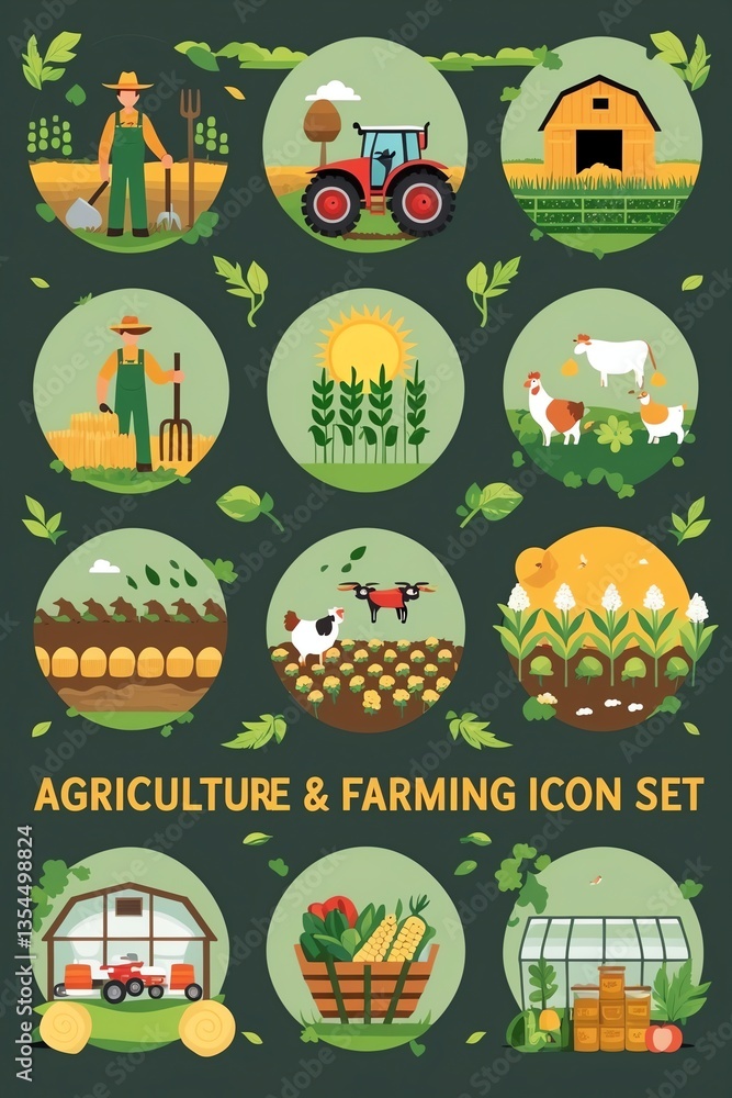 Naklejka premium Farming and Agriculture Icon Set Showing Various Aspects of Rural Life