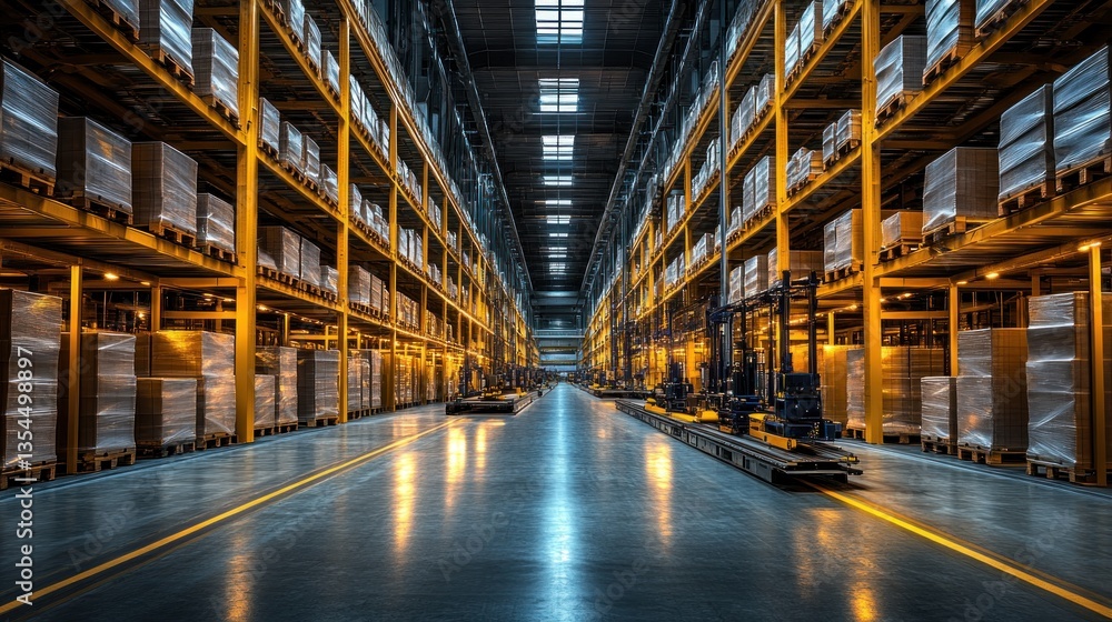 Immense Warehouse Interior: Rows of Yellow Racks Filled with Goods, Automated Guided Vehicles, and Reflective Floor Immense Warehouse Interior: Rows of Yellow Racks Filled with Goods, Automated Guided Vehicles, and Reflective Floor