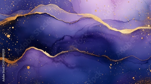 Cosmic alcohol ink watercolor wash with rich purples and golden accents creating a celestial effect
