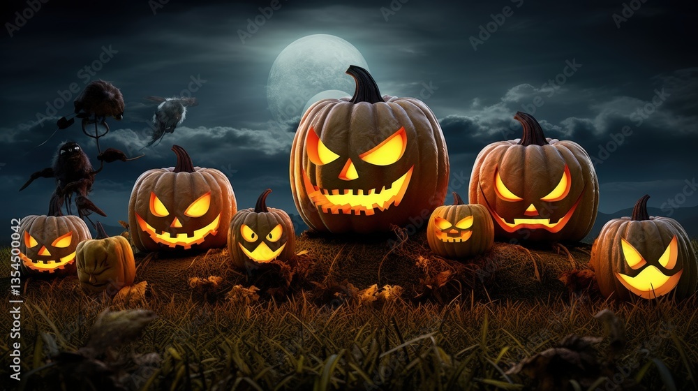 Carved Jack-o-Lanterns Glow in Field at Night Under Moonlight, Spooky Dark Halloween Season Carved Jack-o-Lanterns Glow in Field at Night Under Moonlight, Spooky Dark Halloween Season