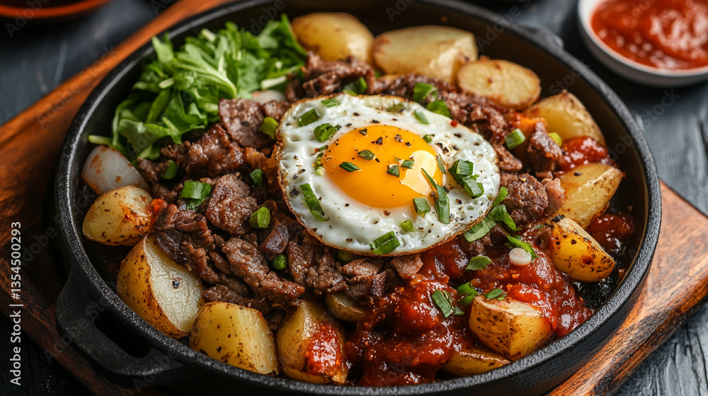 A skillet dish with steak, potatoes, egg, and greens served on a wooden board with sauce on the side A skillet dish with steak, potatoes, egg, and greens served on a wooden board with sauce on the side