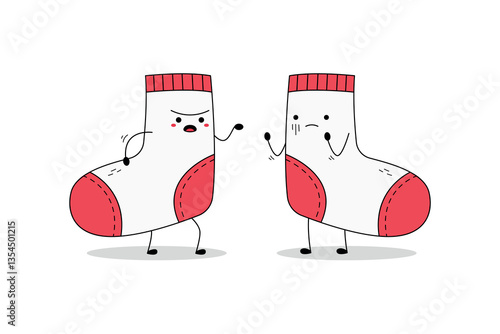 Cute socks cartoon character arguing with one another doodle