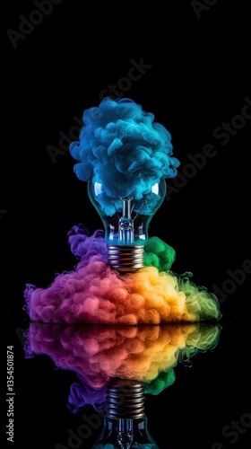 A vibrant light bulb emits colorful smoke, creating a striking reflection against a dark background, symbolizing creativity and innovation.