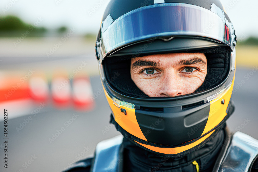 Race car driver in helmet, focused and ready for competition on track during a thrilling motorsport event. Race car driver in helmet, focused and ready for competition on track during a thrilling motorsport event.