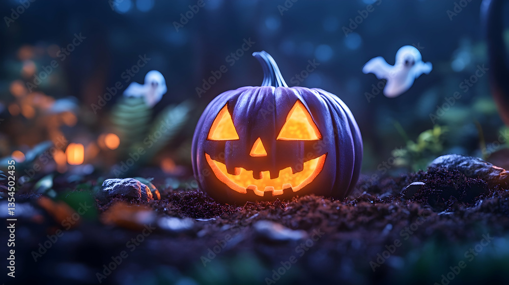Naklejka premium Glowing Jack-o'-lantern in dark forest Halloween scene