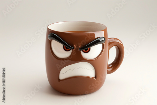 Cartoon angry coffee mug with grumpy face. humorous cup with angry expression, symbolizing stress, workplace frustration, morning caffeine dependency for office humor, memes, work and burnout