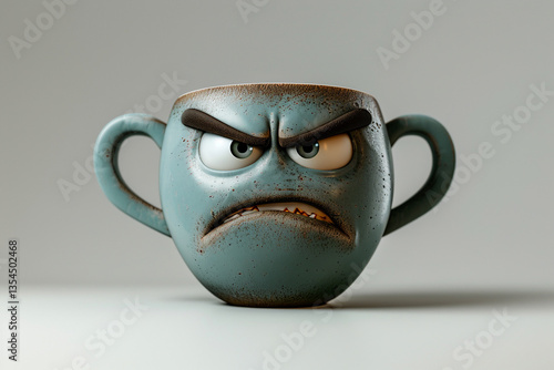 Bad Monday morning. cartoon coffee cup with big wicked funny eyes. Blue mug with face is angry and has a mouth that looks like it's open.