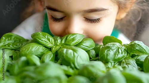 Child smelling fresh basil.