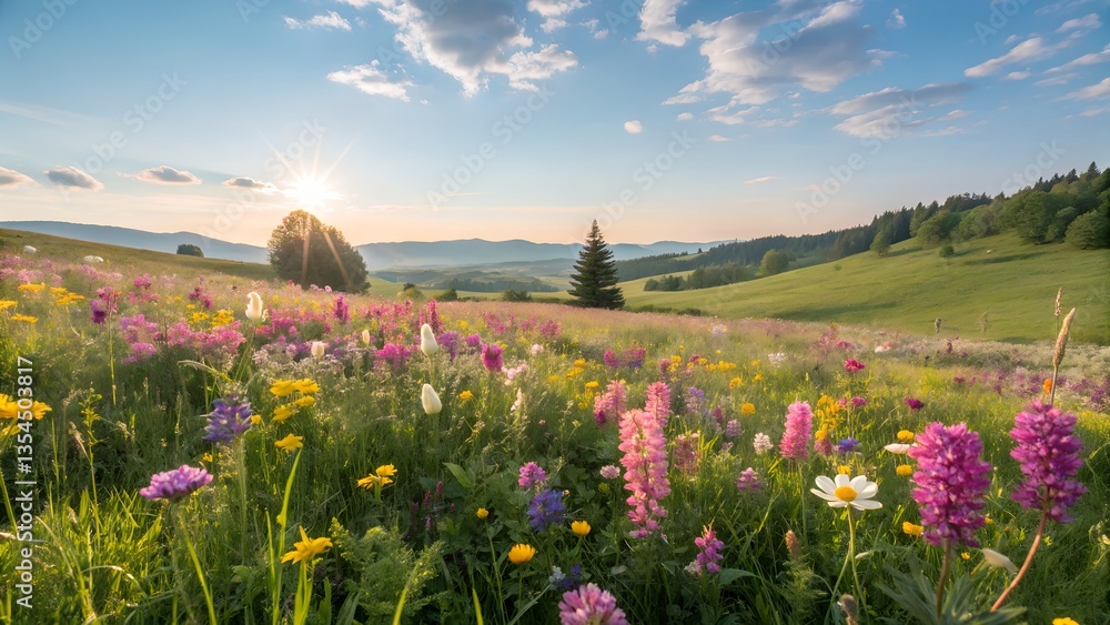 Fototapeta premium Serene Winding Road Through Lush Green Rolling Hills Under a Bright Sky
