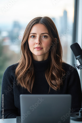 Free Download A woman with long hair sits at a desk with a laptop and microphone, looking thoughtfully out a window in a modern setting. - GFXLoad