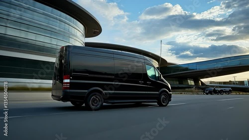 Side back view of black VIP service van running on airport taxiway to terminal building. Limo business class taxi service at airfield. Transfer for security intelligence agency on holiday trip