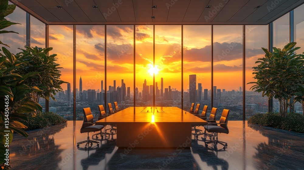 Fototapeta premium Stunning Sunset View from Modern Conference Room