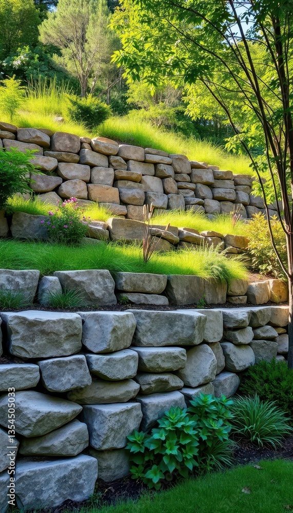 Obraz premium Tiered stone retaining wall, landscaped with lush greenery, trees, slope