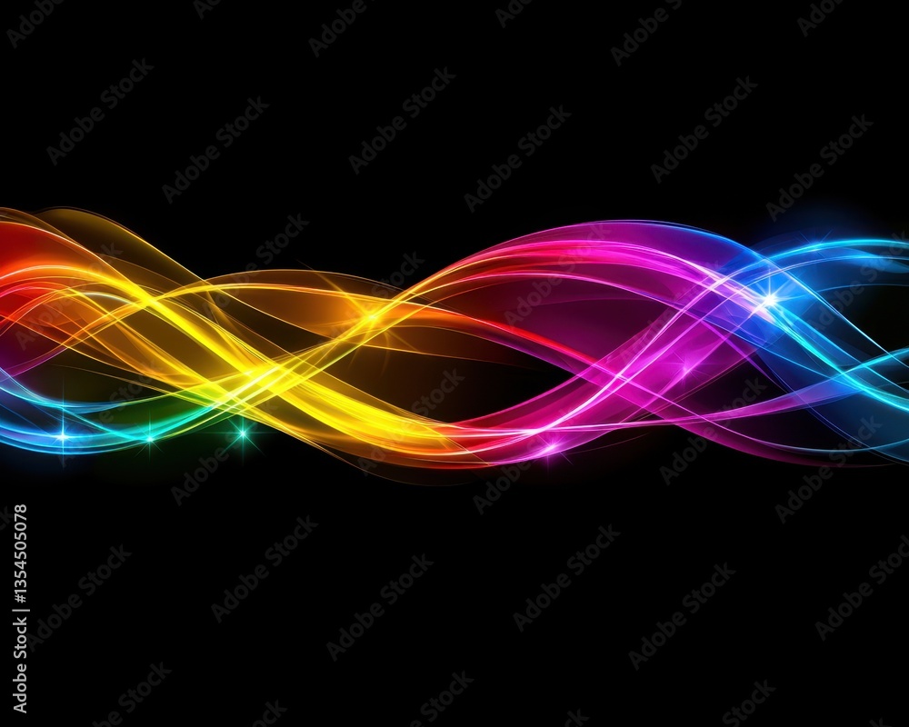 Naklejka premium A vibrant display of colorful light waves swirling against a black background, creating a dynamic and energetic visual effect.
