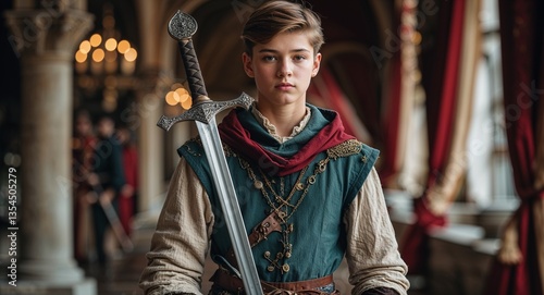 Confident teen squire with sword medieval training photography model