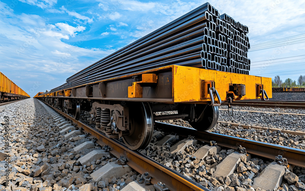 Obraz premium Cargo train loaded with steel beams on railway tracks, showcasing industrial transport