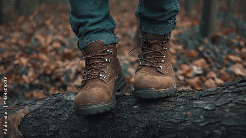 Brown boots on a log in autumn forest. Brown boots on a log in autumn forest.