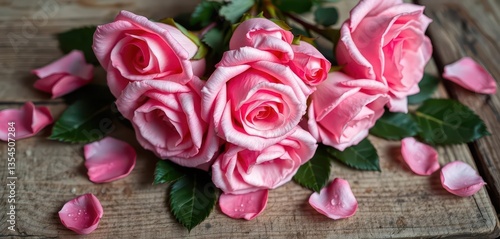 A cluster of blush pink roses, dew-kissed petals, resting on an antique wooden surface, detail, roses