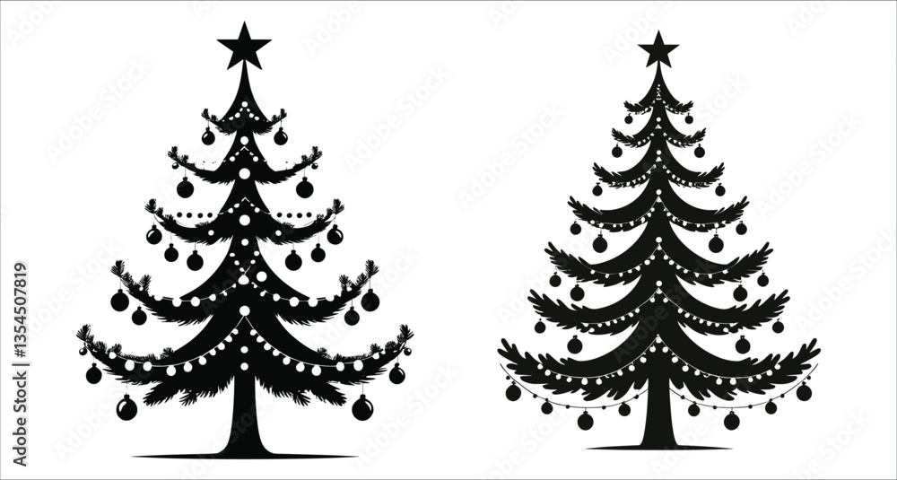 Obraz premium Christmas tree black silhouettes with Christmas ornaments and star vector. Christmas tree silhouettes with baubles and star. Decorated Christmas tree silhouette with hanging ornaments vector design